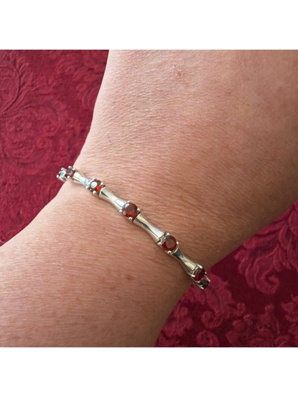 Vintage 925 Sterling Silver Red Garnet Tennis Bracelet Round Cut Gemstone Link